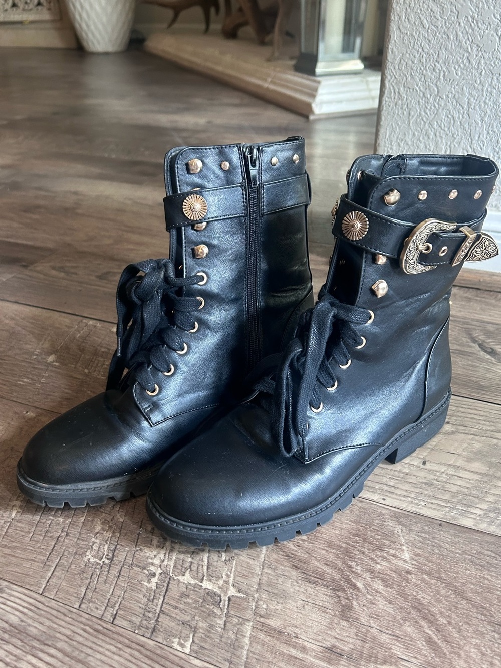 Zara Black Combat Boots with Gold Buckle & Studs Like New!